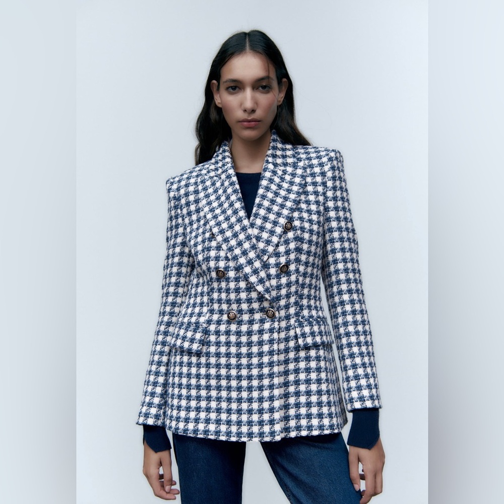 Zara double breasted textured jacket blazer lapel collar shoulder pads